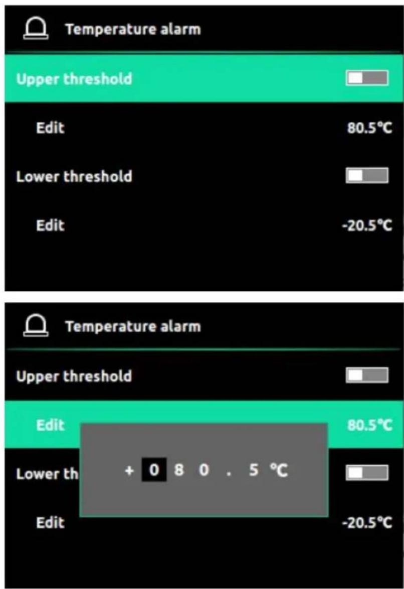 Temperature alarm Upper threshold Edit 80.5°C Lower threshold Edit -20.5°C Temperature alarm Upper threshold Edit 80.5°C Lower th + 0 8 0 . 5 °C Edit -20.5°C