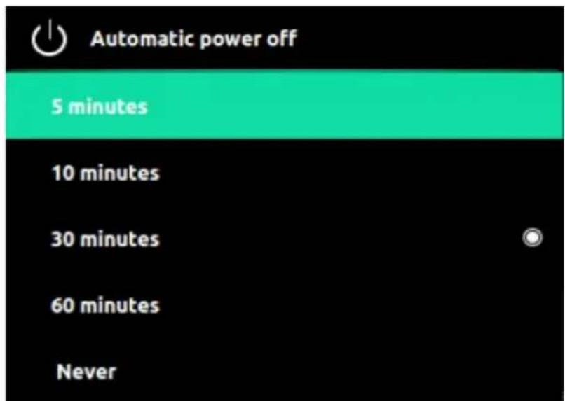 Automatic power off 5 minutes 10 minutes 30 minutes 60 minutes Never