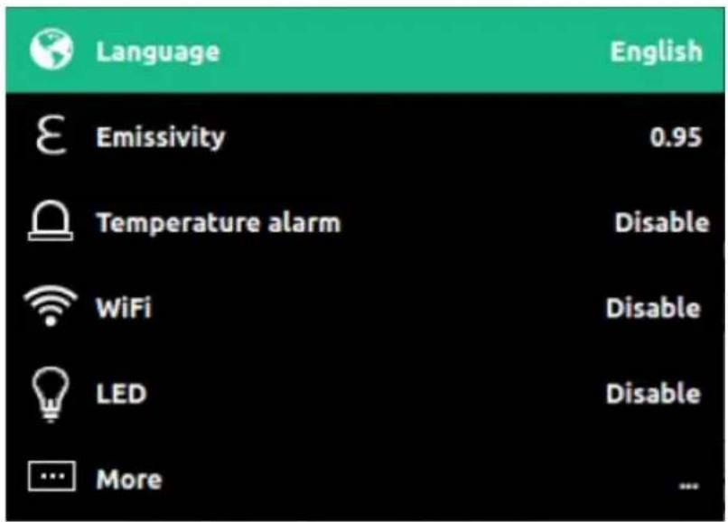 Language Emissivity 0.95 Temperature alarm Disable WiFi Disable LED Disable More ...
