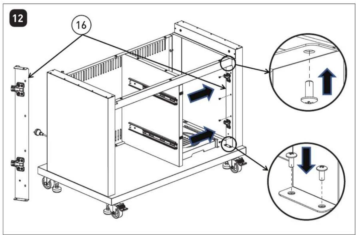 Technical diagram of a mechanical device with numbered components and directional arrows indicating assembly steps