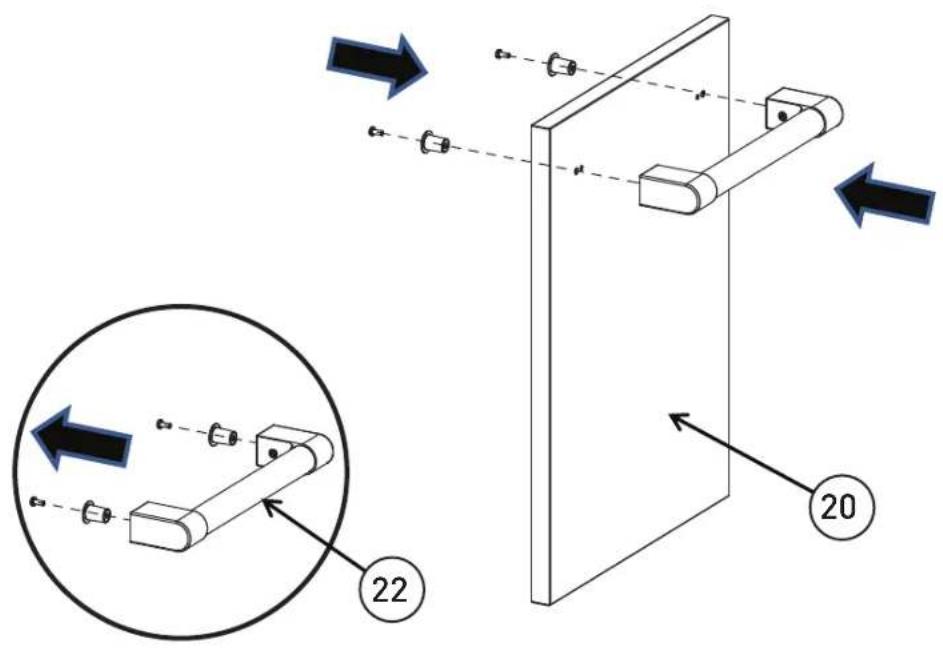 Technical diagram showing mechanical assembly with labeled parts and directional arrows, including a magnified inset of a bracket component.