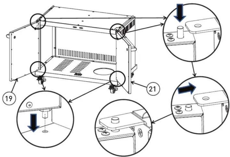 Technical diagram of a mechanical device with numbered components and directional arrows indicating assembly steps