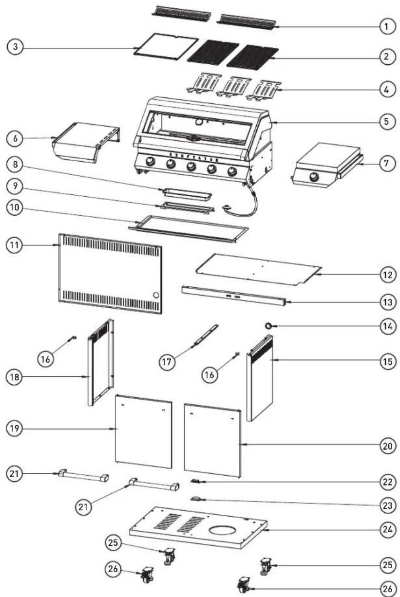 Exploded view diagram of a household appliance with numbered parts for identification
