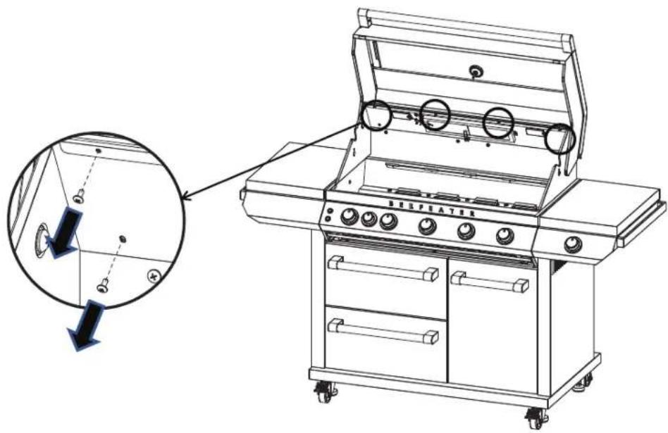Technical diagram of a Delfeater grill with labeled components and a magnified inset showing internal components.