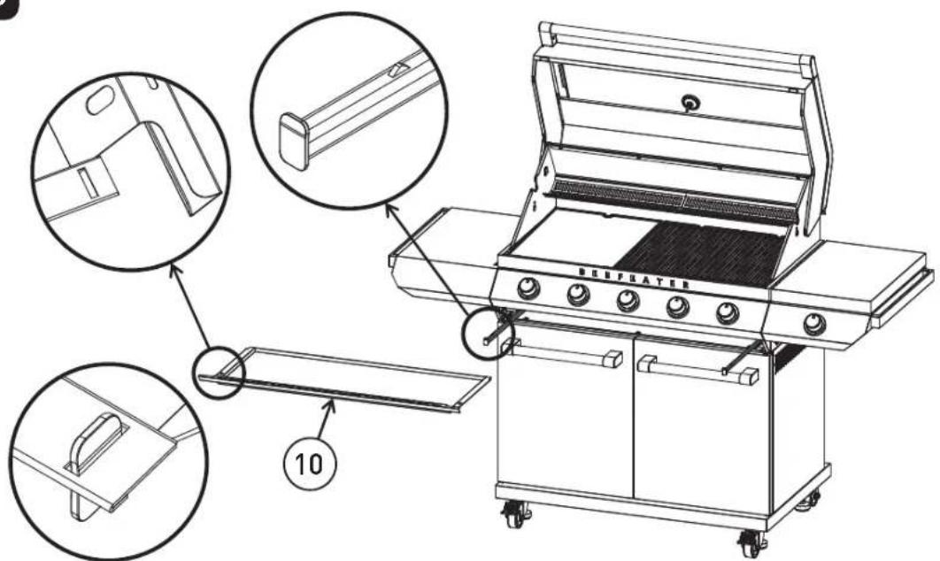 Technical diagram of a Delprater grill with labeled components and parts, including exploded views and part numbers.