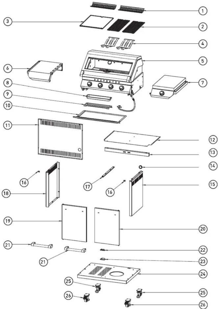 Exploded view diagram of a household appliance with numbered parts for identification