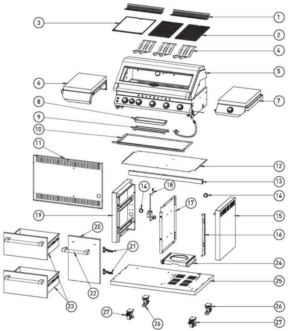 Exploded view diagram of a microwave oven with numbered parts for identification