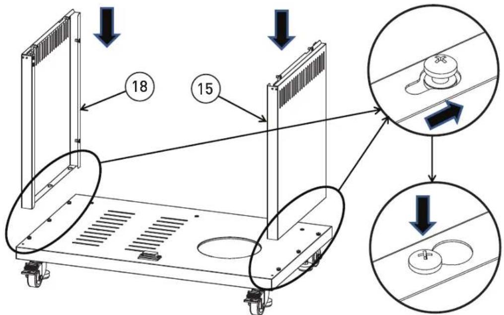 Technical diagram showing mechanical assembly steps with numbered components and directional arrows indicating motion or assembly.