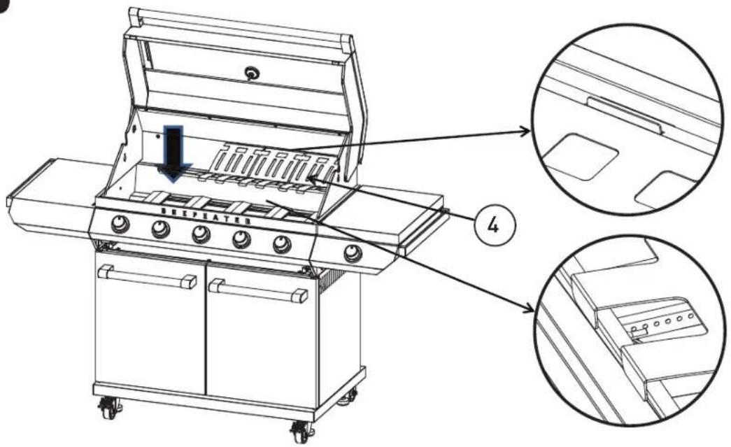 Technical diagram of a portable grill with labeled components and zoomed-in detail views