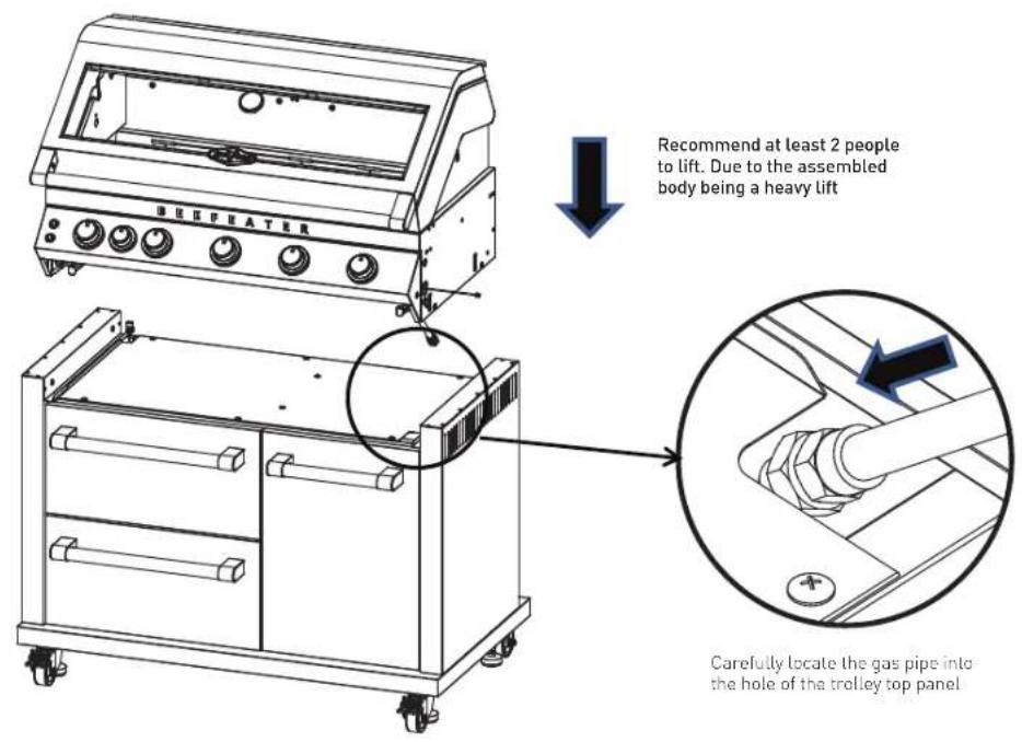 SEEPHATER Recommend at least 2 people to lift. Due to the assembled body being a heavy lift Carefully locate the gas pipe into the hole of the trolley top panel