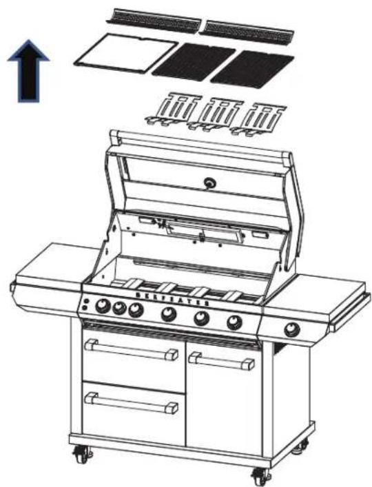 Technical diagram of a portable electric grill with labeled components and an upward arrow indicating assembly or installation.