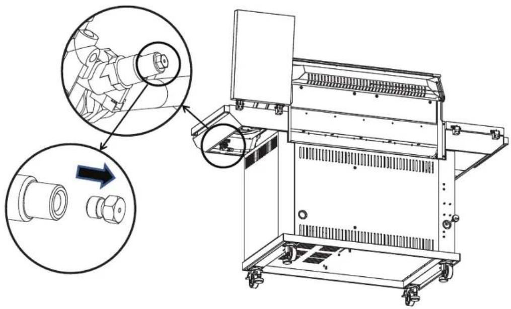 Technical diagram of a mechanical device with close-up insets showing internal components and assembly steps