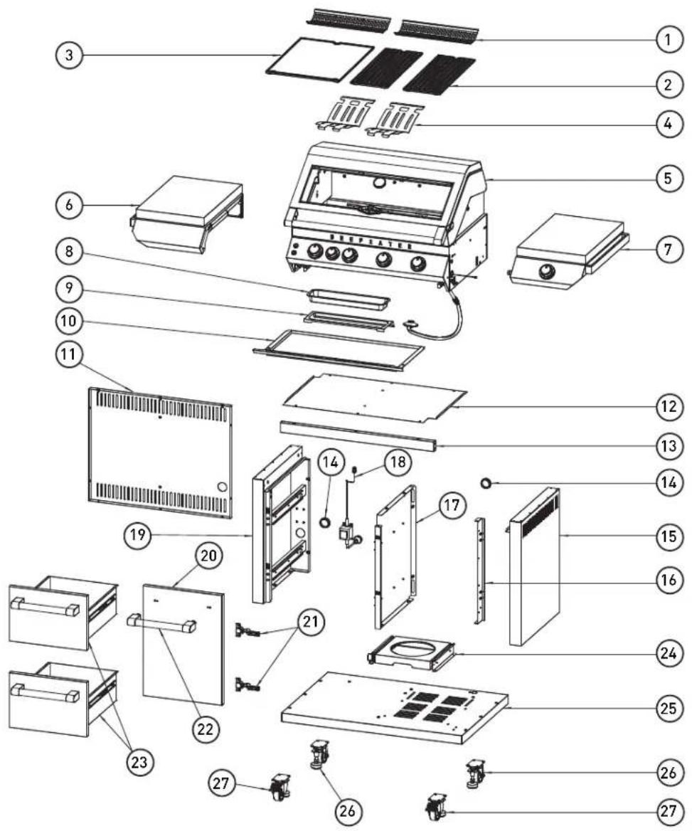 Exploded view diagram of a refrigerator assembly with numbered parts for identification