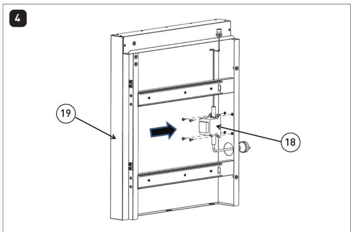 Technical diagram of an electrical enclosure with labeled components and directional arrow indicating motion or movement.