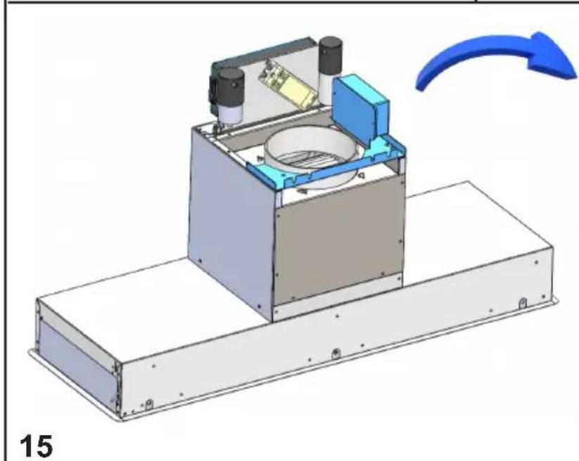 3D mechanical assembly diagram showing a device with internal components and a blue arrow indicating rotation (no text or symbols)
