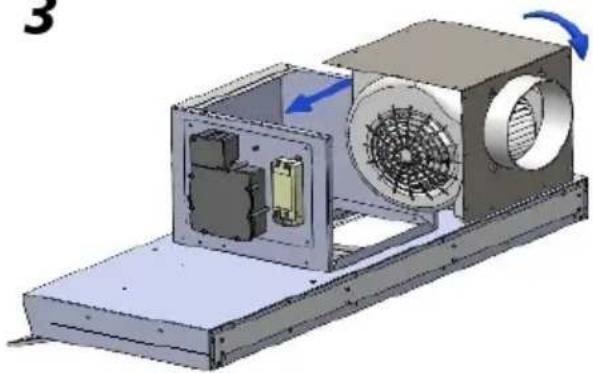 3D mechanical assembly diagram showing internal components and airflow direction (no text or symbols)