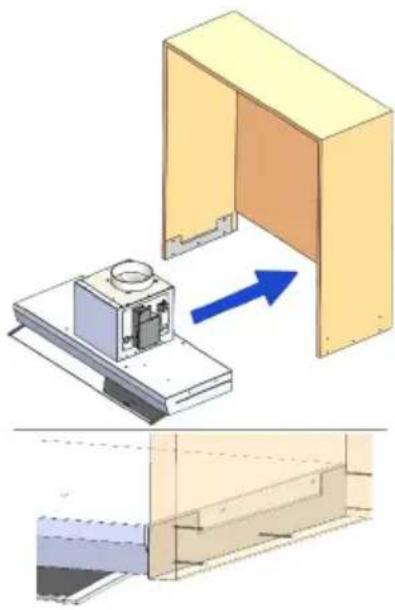 Technical illustration of a wall-mounted device with an arrow indicating direction, showing internal components and assembly (no text or symbols)