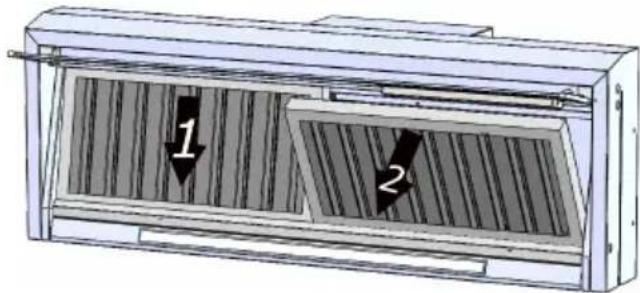 Technical diagram of a ventilation system with labeled components 1 and 2, showing airflow direction arrows.