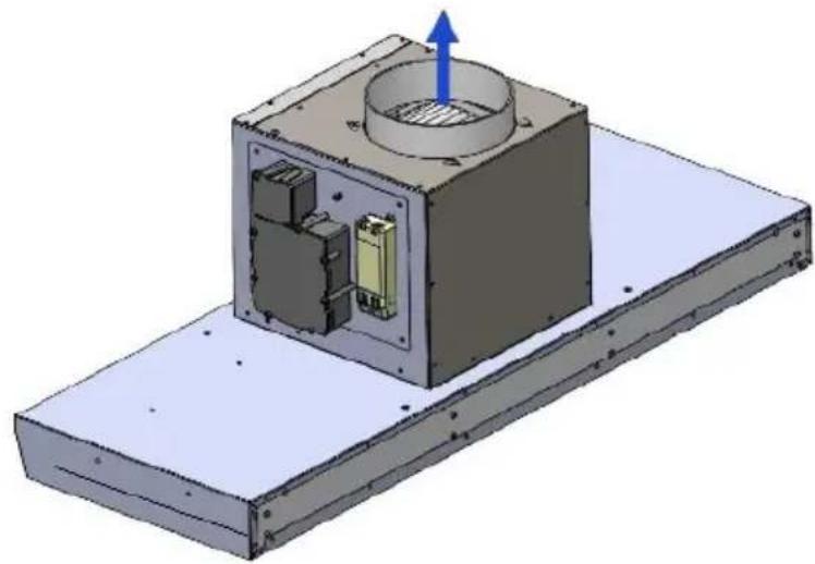 3D mechanical assembly diagram showing a housing with internal components and a blue arrow indicating upward motion (no text or symbols)