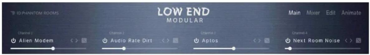 10 PHANTOM ROOMS LOW END MODULAR Main Mixer Edit Animate Channel 1 Channel 2 Channel 3 Channel 4 Alien Modem Audio Rate Dirt Aptos Next Room Noise