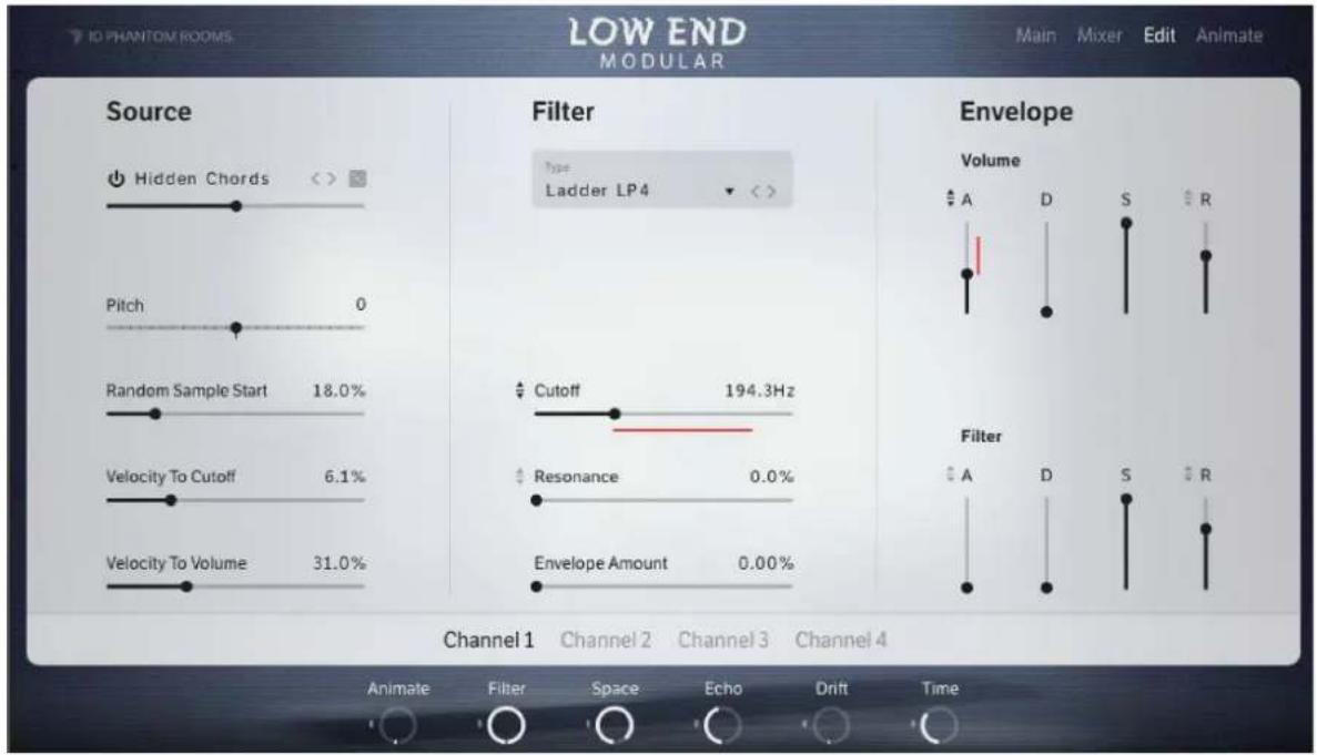 LOW END MODULAR Main Mixer Edit Animate Source Hidden Chords Pitch 0 Random Sample Start 18.0% Velocity To Cutoff 6.1% Velocity To Volume 31.0% Filter Type Ladder LP4 Cutoff 194.3Hz Resonance 0.0% Envelope Amount 0.00% Envelope Volume A D S R Filter A D S R Channel 1 Channel 2 Channel 3 Channel 4 Animate Filter Space Echo Drift Time