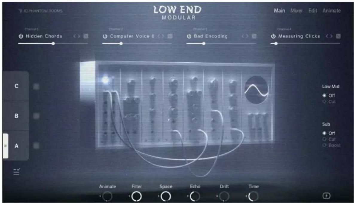 10 PHANTON ROOMS LOW END MODULAR Main Mixer Edit Animate Channel 2 Hidden Chords < > Channel 3 Computer Voice & < > Channel 4 Bad Encoding Measuring Clicks < > C B A Low Mid Off Cut Sub Off Cut Boost Animate Filter Space Echo Drift Time