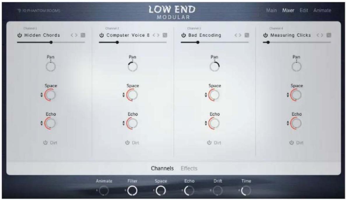 LOW END MODULAR Main Mixer Edit Animate Channel 1 Hidden Chords Pan Space Echo Dirt Channel 2 Computer Voice 8 Pan Space Echo Dirt Channel 3 Bad Encoding Pan Space Echo Dirt Channel 4 Measuring Clicks Pan Space Echo Dirt Channels Effects Animate Filter Space Echo Drift Time