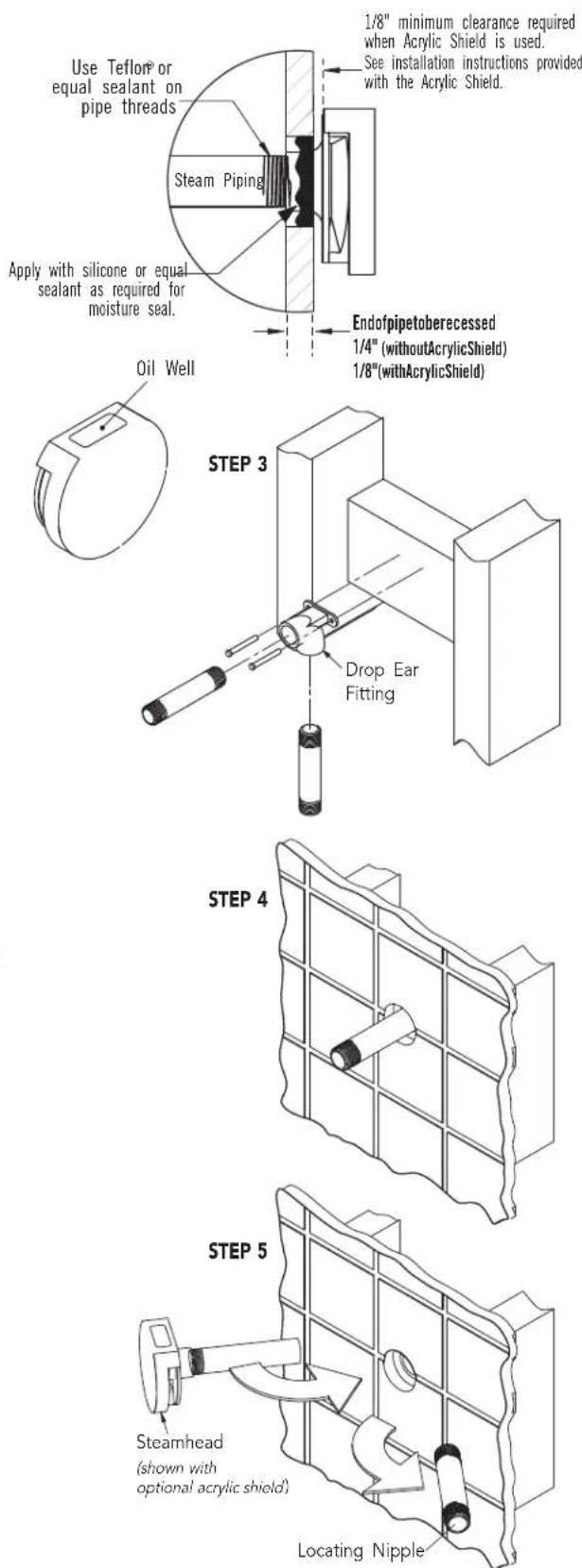 Use Teflon® or equal sealant on pipe threads Steam Piping Apply with silicone or equal sealant as required for moisture seal. Oil Well 1/8" minimum clearance required when Acrylic Shield is used. See installation instructions provided with the Acrylic Shield. Endofpipetoberecessed 1/4" (withoutAcrylicShield) 1/8" (withAcrylicShield) STEP 3 Drop Ear Fitting STEP 4 STEP 5 Steamhead (shown with optional acrylic shield) Locating Nipple
