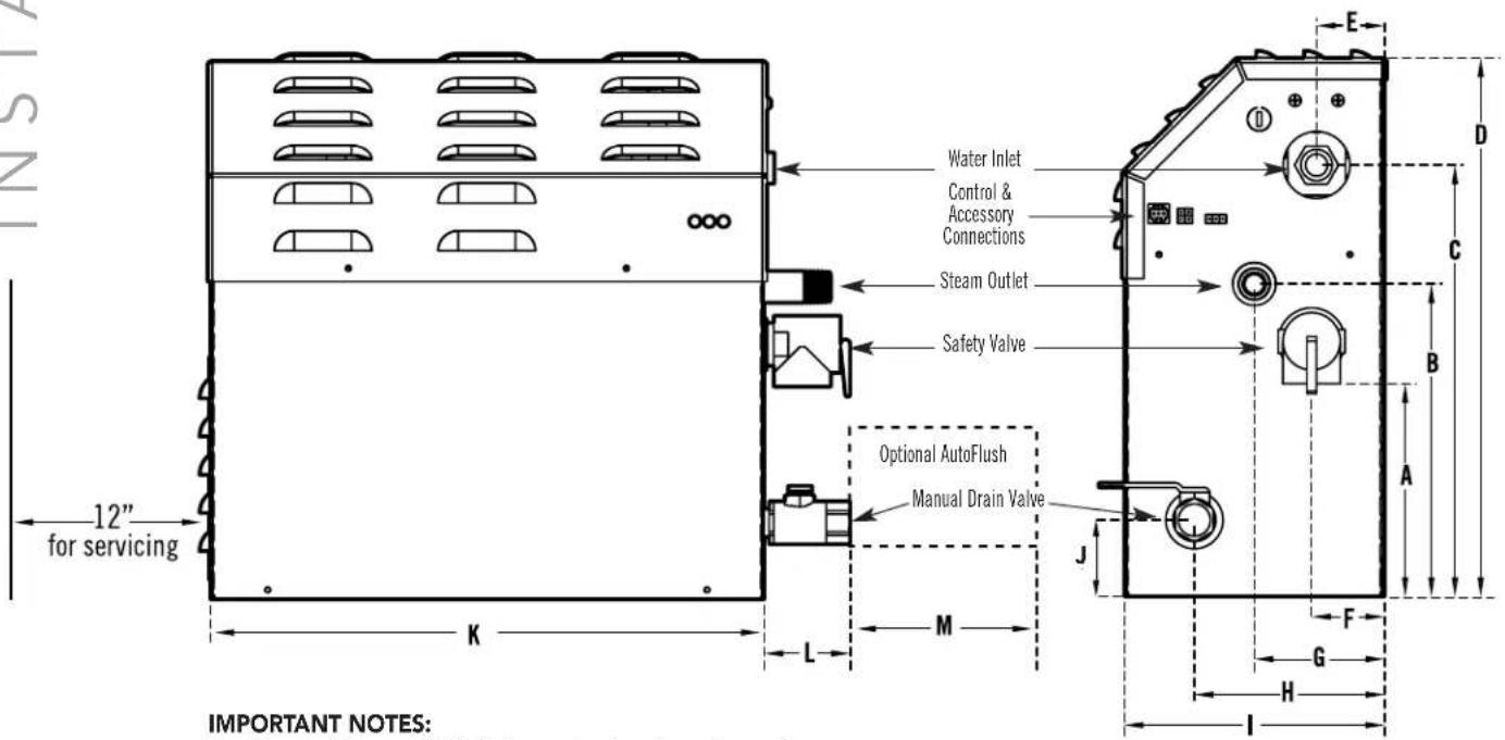 INSIA 12" for servicing K L M Water Inlet Control & Accessory Connections Steam Outlet Safety Valve Optional AutoFlush Manual Drain Valve E D C B A J F G H I IMPORTANT NOTES: