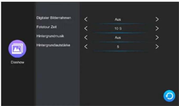 Digitaler Bilderrahmen Fototour Zeit Hintergrundmusik Hintergrundlaufstärke Diashow < Aus > < 10 S > < Aus > < 5 >