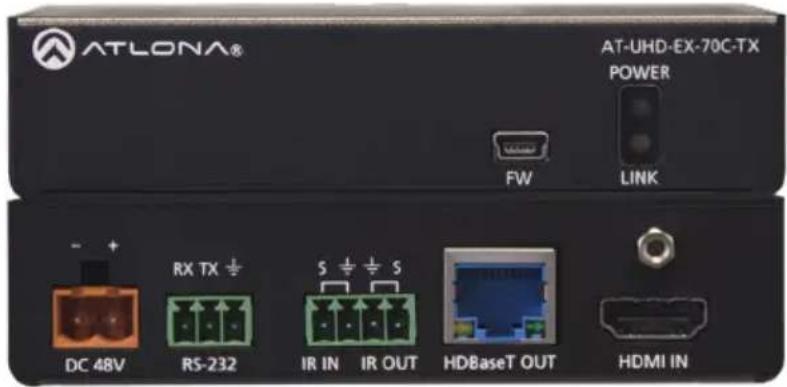 ATLONA® AT-UHD-EX-70C-TX POWER FW LINK - + RX TX ÷ S ÷ S DC 48V RS-232 IR IN IR OUT HDBaseT OUT HDMI IN