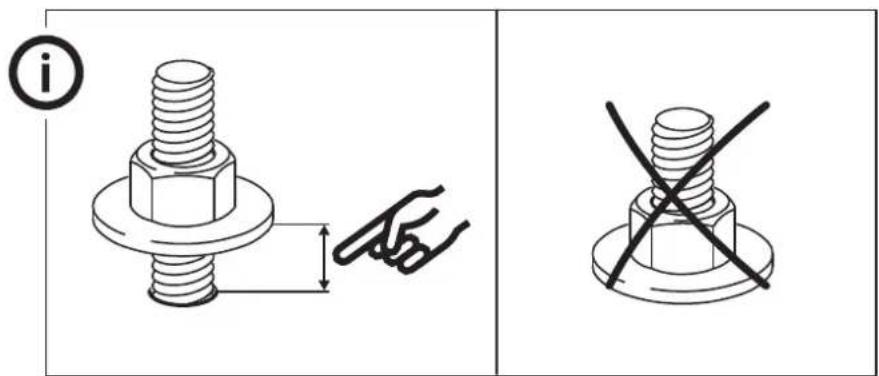 Technical diagram showing two states of a bolt installation: one with a bolt and arrow indicating size, the other without crossed-out screw.