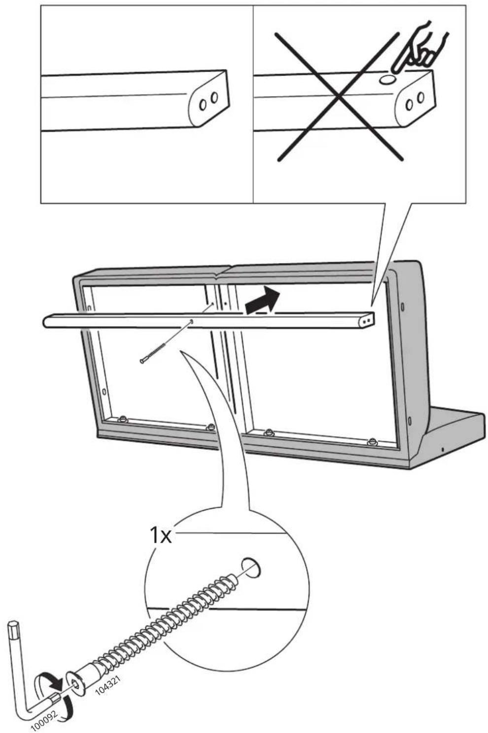 Technical diagram illustrating a mechanical assembly with labeled parts and a 1x magnified view showing a spring-loaded component.