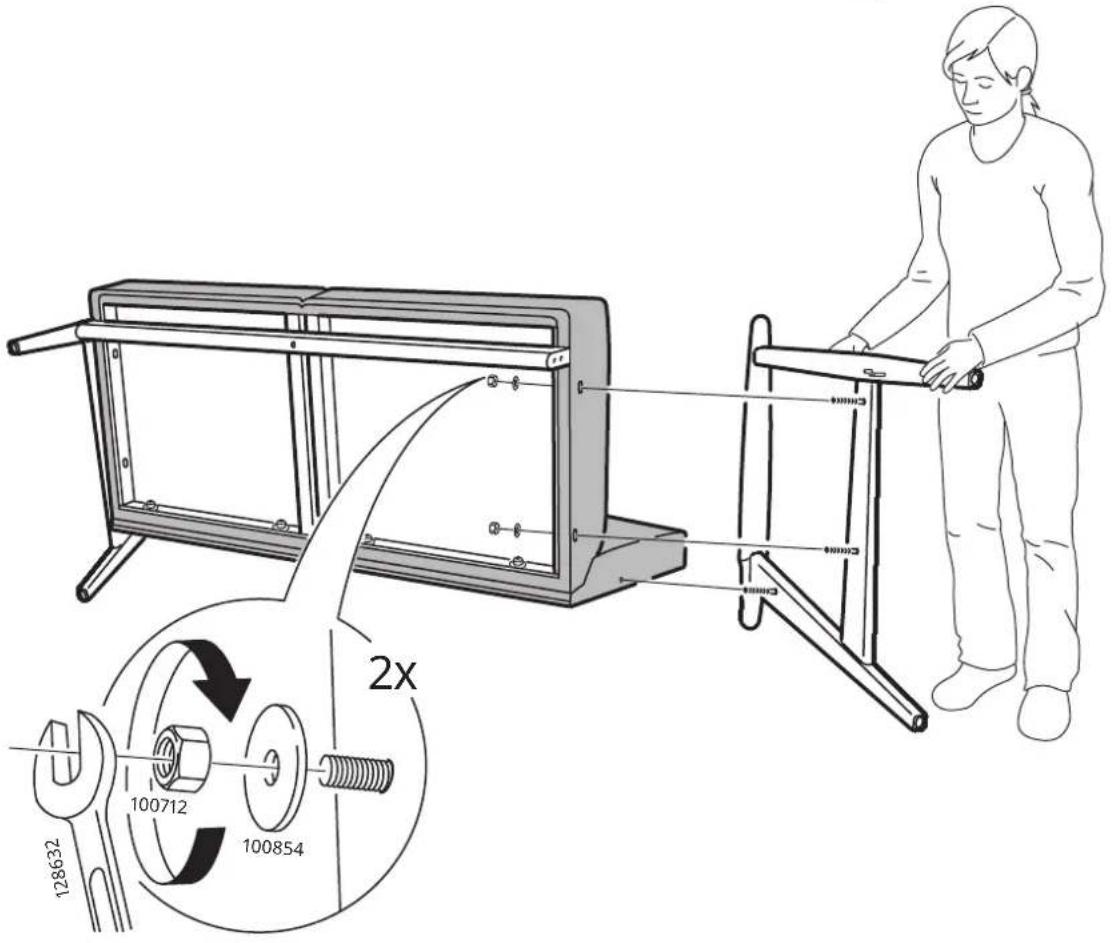 Technical diagram showing a person using a mechanical lift to lift a workbench, with magnified insets illustrating the 2x ratio of two components.