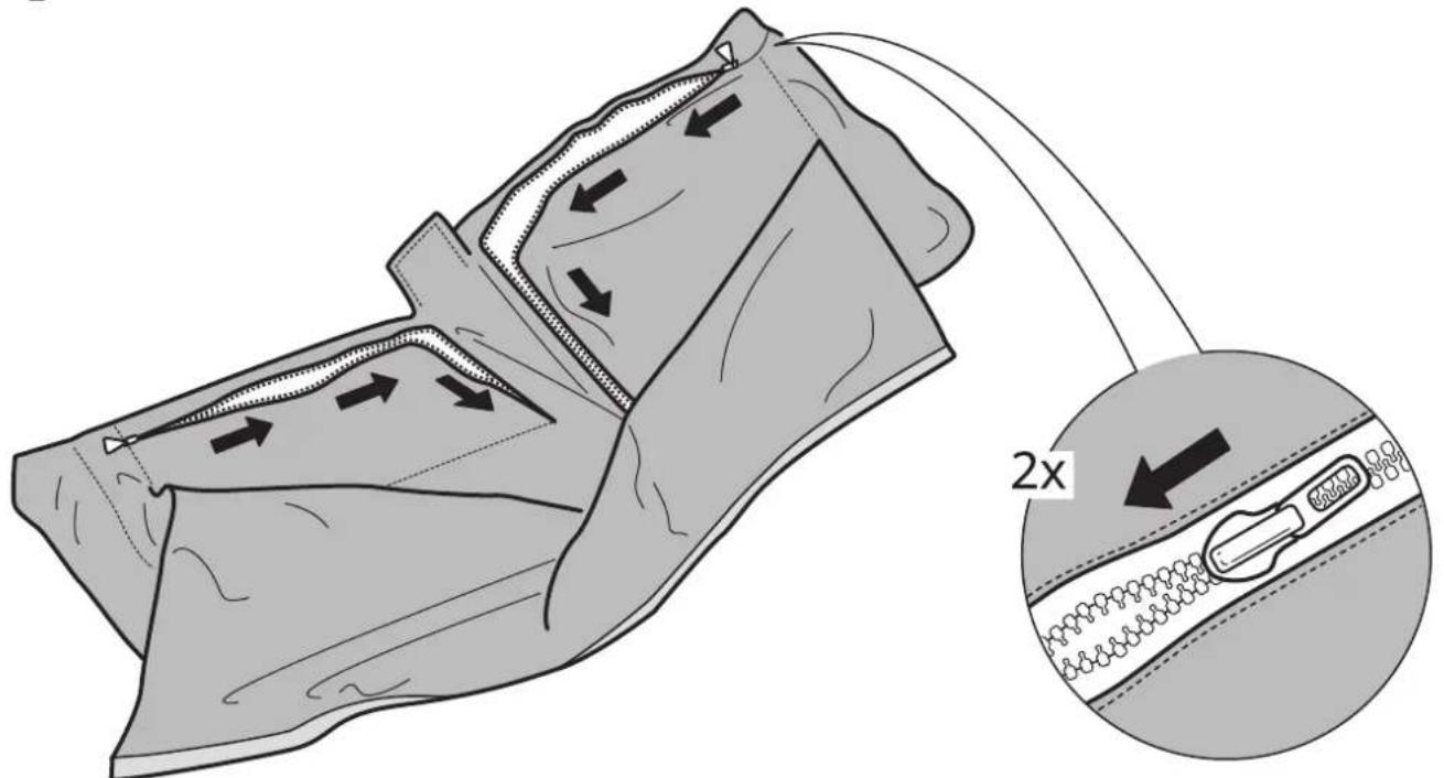 Diagram illustrating fabric folding process with directional arrows and a magnified inset showing 2x ratio of width to height.
