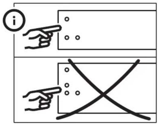 Diagram illustrating two instructional steps: one pointing to dots, the other pointing to a cross with dots, both labeled with an 'i' icon.