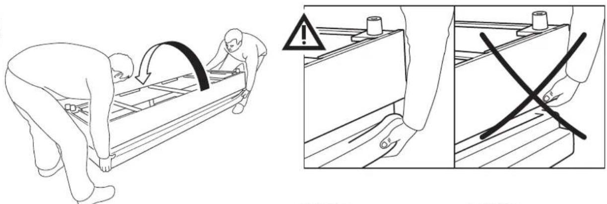 Technical diagram showing a person adjusting a wooden beam with an arrow indicating motion, alongside a close-up of the same setup with a warning symbol and crossed lines.