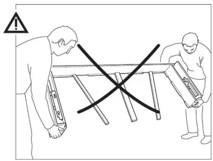 Safety warning illustration showing two workers assembling wooden frames with a diagonal line crossing, indicating failure or hazard.