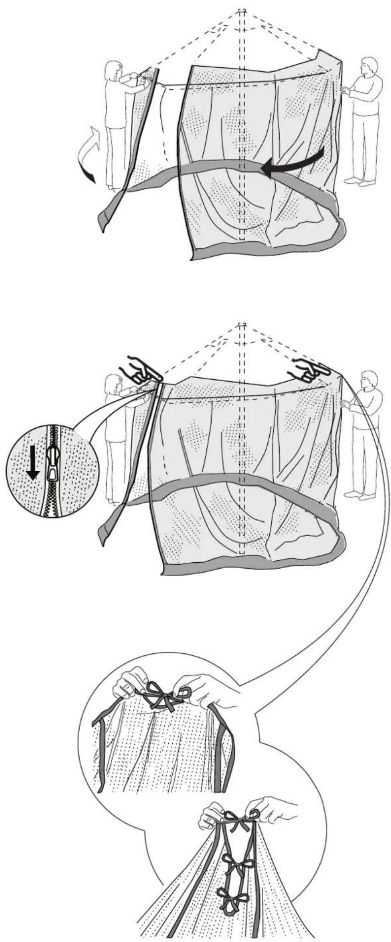 Illustration showing how to tie a rope using a tarp, with steps for lifting and adjusting the fabric.