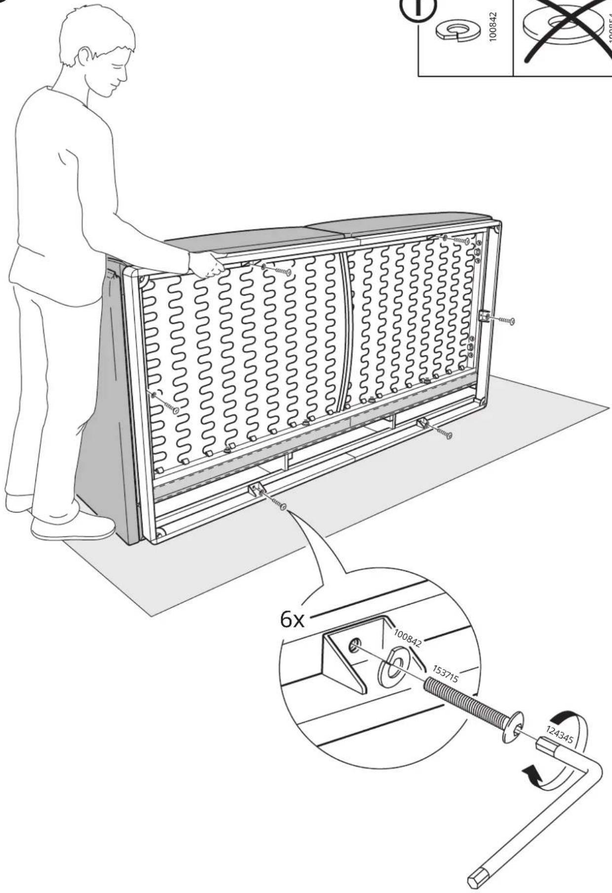 Technical diagram showing a person assembling a heat exchanger unit with labeled parts and a magnified inset highlighting the 6x speed adjustment.