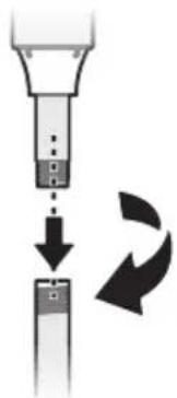 Diagram showing a device being inserted into a battery with an arrow indicating rotation (no text or symbols present)