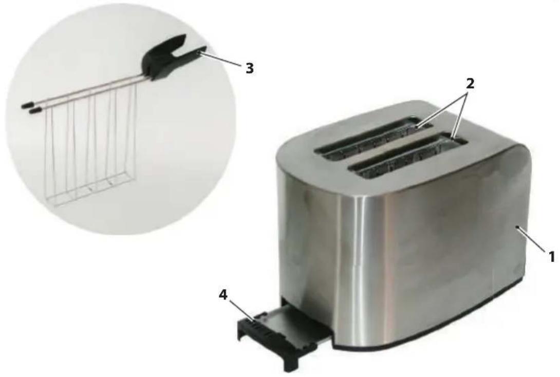 Diagram of a stainless steel toaster with labeled parts and an inset showing its grating structure.