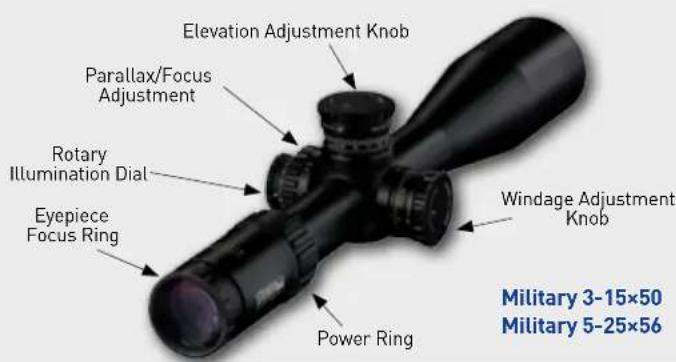 Elevation Adjustment Knob Parallax/Focus Adjustment Rotary Illumination Dial Eyepiece Focus Ring Windage Adjustment Knob Power Ring Military 3-15×50 Military 5-25×56