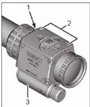 Technical diagram of an optical instrument with labeled parts including lens, aperture, and screen