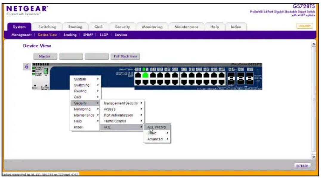 NETGEAR® Connect with Innovation® GS728TS ProSafe® 24Port Gigabit Stackable Smart Switch with 4 SFP splints System Switching Routing QoS Security Monitoring Maintenance Help Index Management | Device View | Stacking | SNMP | LLDP | Services Management | Device View | Stacking | SNMP | LLDP | Services Device View Master Full Stack View 6 NETGEAR System Switching Routing QoS Security Monitoring Maintenance Help Index Management Security Access Port Authentication Traffic Control ACL Wizard Basic Advanced REFRESH