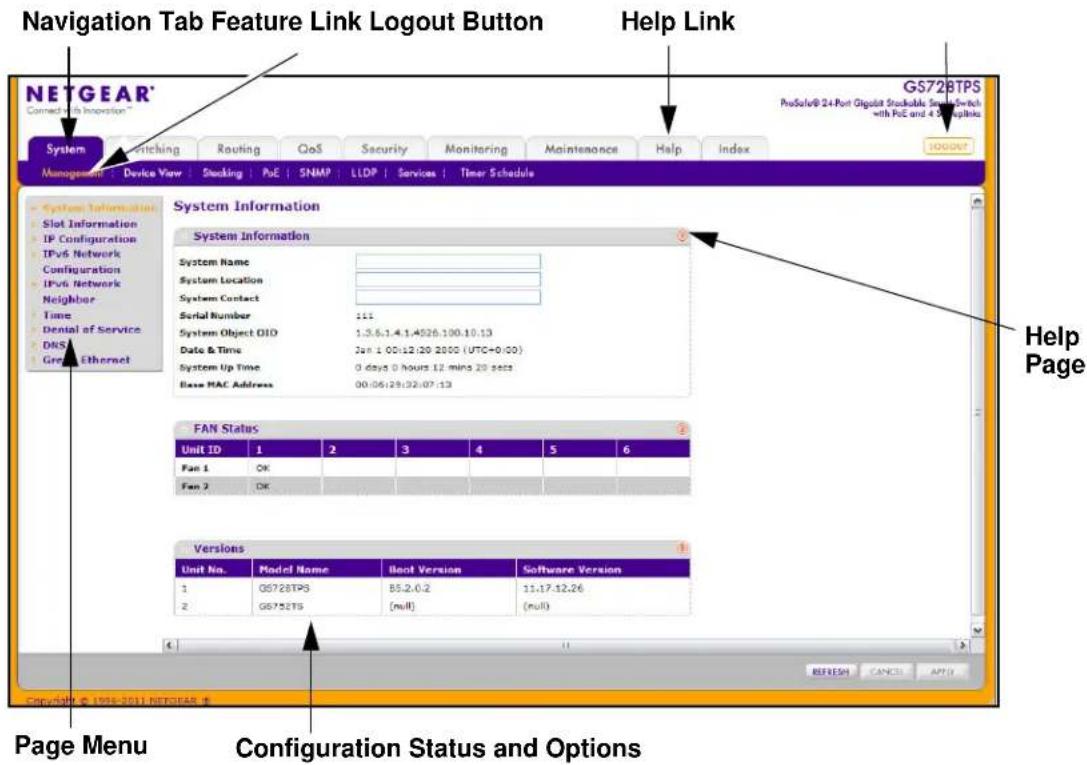 Navigation Tab Feature Link Logout Button Help Link NETGEAR® Connected with Innovation™ GS728TPS ProSolve® 24-Port Ogipool Stackable System Switch with PoE and 4 Options System Switching Routing QoS Security Monitoring Maintenance Help Index logout Management : Device View : Stocking | PoE | SNMP | LLDP | Services | Timer Schedule System Information System Information System Name System Location System Contact Serial Number : 111 System Object OID : 1,3,6,1,4,1,4526,100,10,13 Date & Time : Jan 1 00:12:20 2000 (UTC=0:00) System Up Time : 0 days 0 hours 12 mins 20 secs Base MAC Address : 00:06:29:22:07:13 FAN Status Unit ID 1 2 3 4 5 6 Fan 1 OK Fan 2 OK Versions Unit No. Model Name Boot Version Software Version 1 GS728TPS B5.2.0.2 11.17.12.26 2 GS752TS (null) (null) Page Menu Configuration Status and Options REFRESH CANCEL APPLY Copyright © 1998-2011 NETGEAR ®