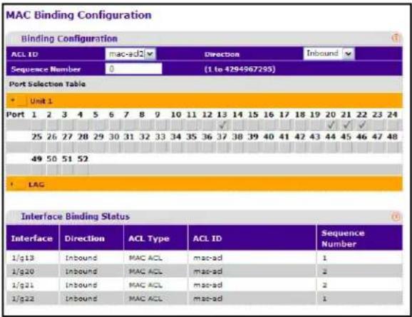 MAC Binding Configuration Binding Configuration ACL ID Mac-ad2 Direction Inbound Sequence Number 0 (1 to 4294967295) Port Selection Table Unit 1 Port 1 2 3 4 5 6 7 8 9 10 11 12 13 14 15 16 17 18 19 20 21 22 23 24 25 26 27 28 29 30 31 32 33 34 35 36 37 38 39 40 41 42 43 44 45 46 47 48 49 50 51 52 LAG Interface Binding Status Interface Direction ACL Type ACL ID Sequence Number 1/g13 Inbound MAC ACL mac-ad 1 1/g20 Inbound MAC ACL mac-ad 2 1/g21 Inbound MAC ACL mac-ad 2 1/g22 Inbound MAC ACL mac-ad 1
