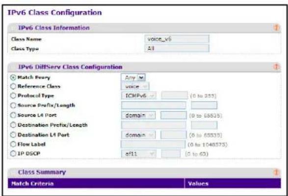 IPv6 Class Configuration IPv6 Class Information Class Name voice_v6 Class Type All IPv6 DiHServ Class Configuration Match Every Any Reference Class voice Protocol Type ICMPv6 (0 to 253) Source Prefix/Length domain (0 to 65535) Source L4 Port domain (0 to 65535) Destination Prefix/Length domain (0 to 1048375) Destination L4 Port domain (0 to 60) Flow Label IP DSCP sf11 Class Summary Match Criteria Values