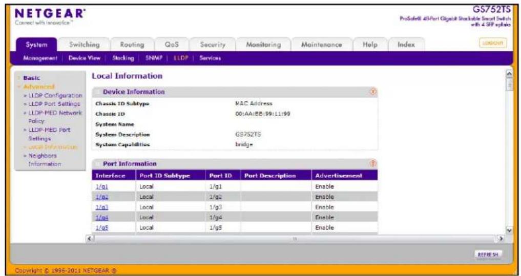 NETGEAR® Connect with Innovation GS752TS ProSafeR 48Port Gigabit Shockable Smart Switch with 4 SFP options System Switching Routing QoS Security Monitoring Maintenance Help Index IMPORT Management Device View Stacking SNMP LLDP Services Local Information Device Information Chassis ID Subtype MAC Address Chassis ID 00:AA:BB:99:11:99 System Name System Description GS752TS System Capabilities bridge Port Information Interface Port ID Subtype Port ID Port Description Advertisement 1/q1 Local 1/q1 Enable 1/q2 Local 1/q2 Enable 1/q3 Local 1/q3 Enable 1/q4 Local 1/q4 Enable 1/q5 Local 1/q5 Enable REFRESH Copyright © 1996-2011 NETGEAR ©