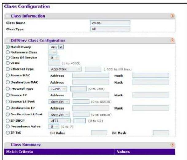 Class Configuration Class Information Class Name VO/DS Class Type All DiffServ Class Configuration Match Every Any Reference Class Class Of Service 0 VLAN (1 to 4093) Ethernet Type Appletalk (600 to HH hex) Source MAC Address Mask Destination MAC Address Mask Protocol Type ICMP (0 to 255) Source IP Address Mask Source L4 Port domain (0 to 65525) Destination IP Address Mask Destination L4 Port domain (0 to 65525) IP DISCP af11 (0 to 62) Precedence Value 0 (0 to 7) IP ToS Bit Value Bit Mask Class Summary Match Criteria Values